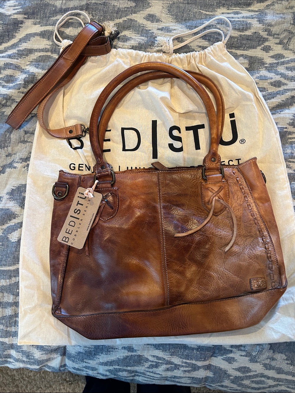 BED|STU Distressed Cognac Leather Satchel with Removable Strap